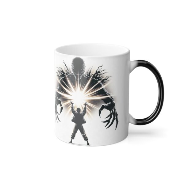 Stranger Things color changing mug showing Eleven design appearing as the black surface reacts to heat.