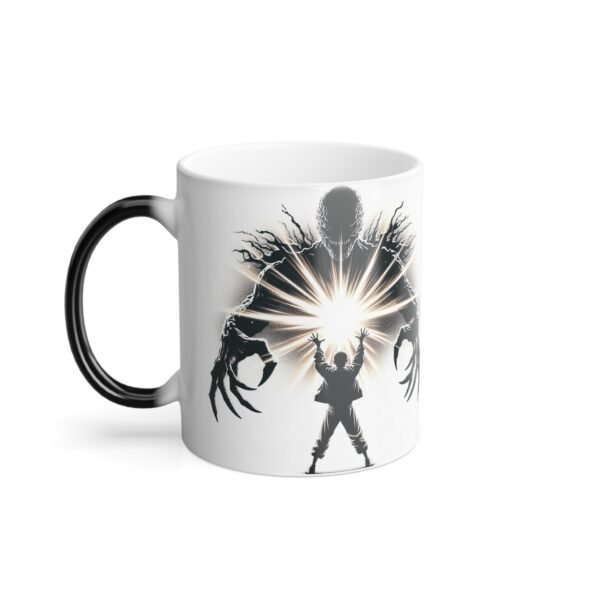 Stranger Things color changing mug showing Eleven design appearing as the black surface reacts to heat.