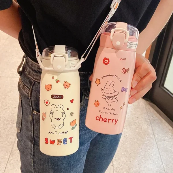 500ml/300ml Cute Water Bottle Thermos Cup Portable Kawaii Thermos Bottle with Straw and Stickers Kid Stainless Steel Thermal Mug - Image 2