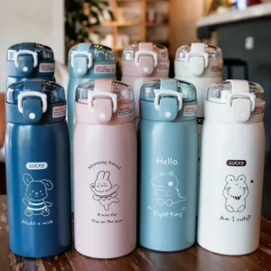 500ml/300ml Cute Water Bottle Thermos Cup Portable Kawaii Thermos Bottle with Straw and Stickers Kid Stainless Steel Thermal Mug