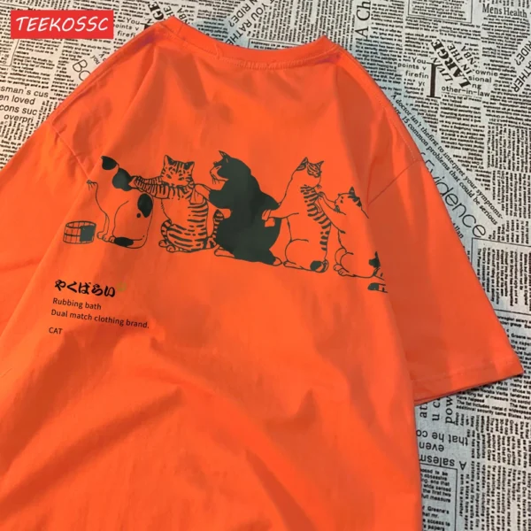 Women's loose fit t-shirt featuring a funny cartoon cat print