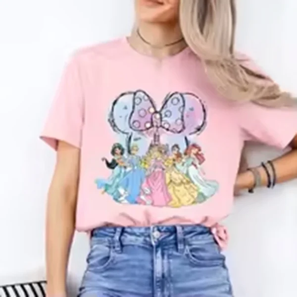 Women's cotton short sleeve t-shirt with a Disney Princesses & Minnie Mouse head graphic print.
