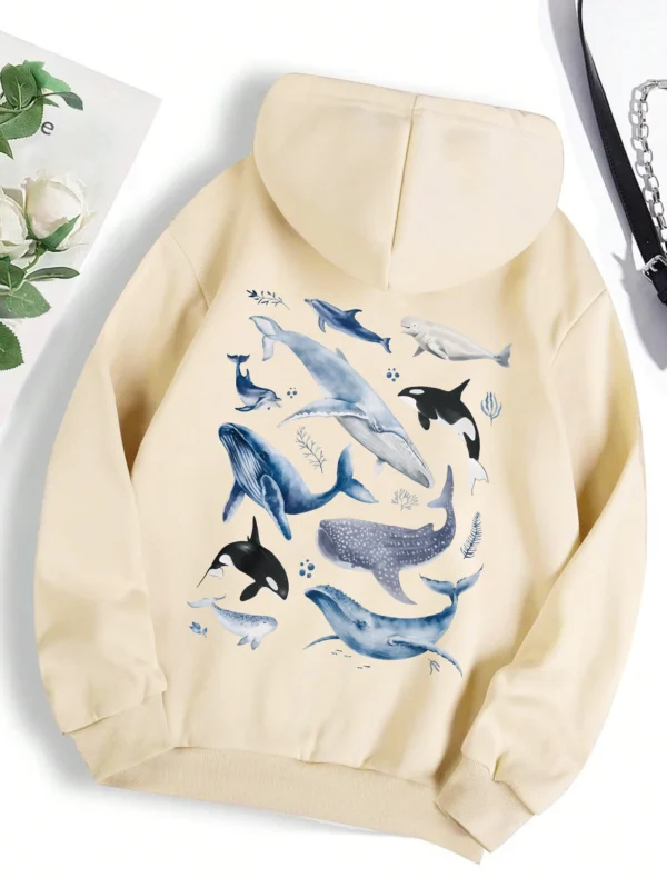 detailed ocean whale graphic print on the front.
