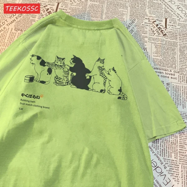 Women's loose fit t-shirt featuring a funny cartoon cat print