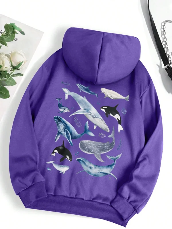 detailed ocean whale graphic print on the front.