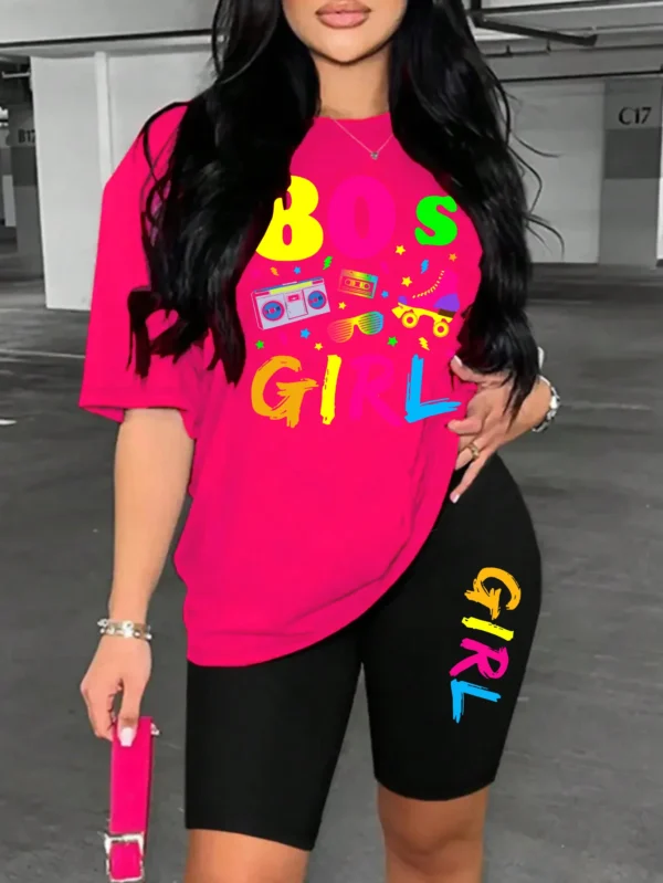Woman wearing colorful 80s print t-shirt and matching casual shorts two-piece set.