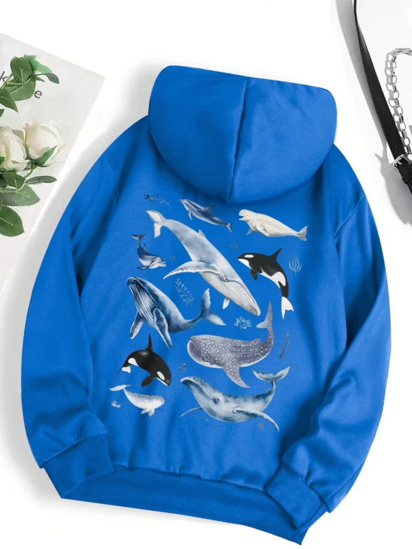 detailed ocean whale graphic print on the front.