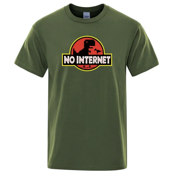 Man wearing funny black t-shirt with white cartoon 'No Internet' T-Rex dinosaur graphic print jumping over cacti.
