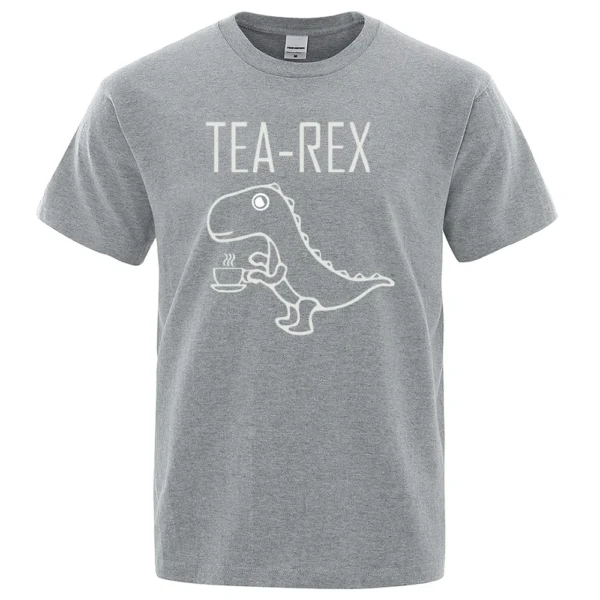 Funny Tea Rex t-shirt featuring a graphic of a T-Rex dinosaur drinking coffee. Unisex casual streetwear style tee.