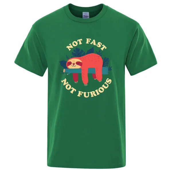 Model wearing funny 'Not Fast Not Furious' sloth graphic tee in breathable cotton. Unisex casual summer style.