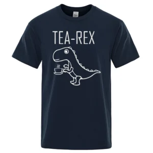 Funny Tea Rex t-shirt featuring a graphic of a T-Rex dinosaur drinking coffee. Unisex casual streetwear style tee.
