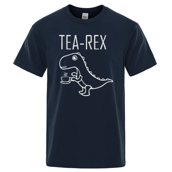 Funny Tea Rex t-shirt featuring a graphic of a T-Rex dinosaur drinking coffee. Unisex casual streetwear style tee.