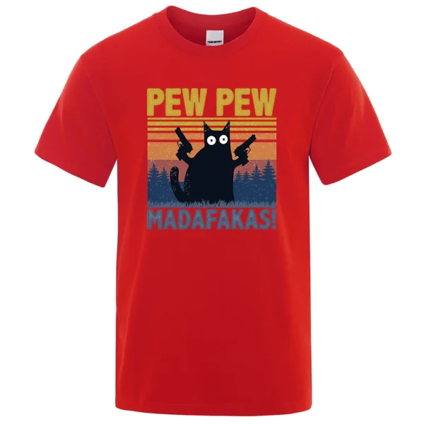 Man wearing black cotton t-shirt with funny graphic of a cat holding guns that reads 'Pew Pew Madafakas'.