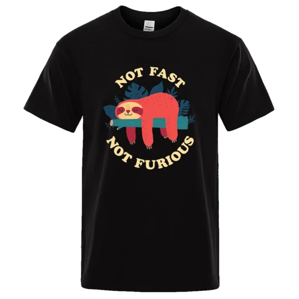 Model wearing funny 'Not Fast Not Furious' sloth graphic tee in breathable cotton. Unisex casual summer style.