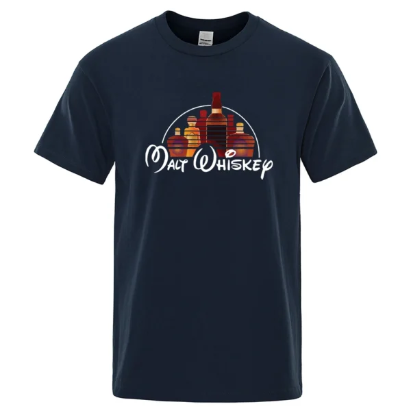 Funny Malt Whiskey graphic design printed on a men's casual short-sleeve t-shirt.