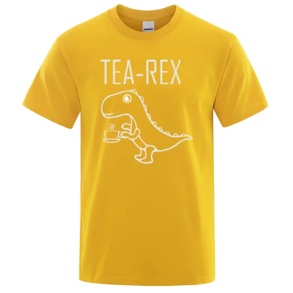 Funny Tea Rex t-shirt featuring a graphic of a T-Rex dinosaur drinking coffee. Unisex casual streetwear style tee.