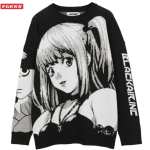 FGKKS Men's black knitted cotton sweater with Japanese streetwear style anime girl graphic on the front.