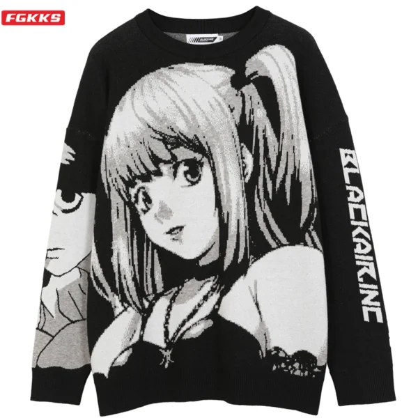 FGKKS Men's black knitted cotton sweater with Japanese streetwear style anime girl graphic on the front.