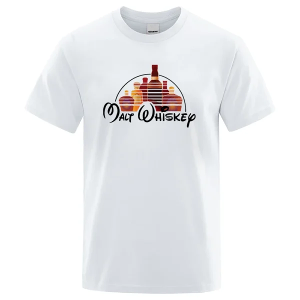 Funny Malt Whiskey graphic design printed on a men's casual short-sleeve t-shirt.