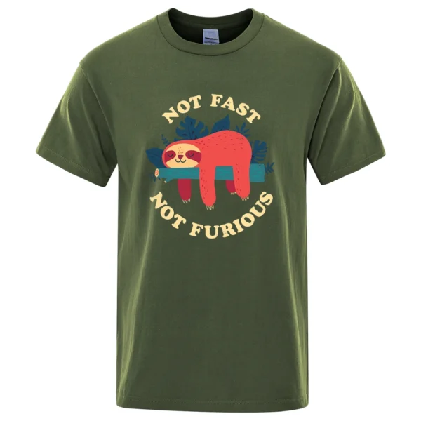 Model wearing funny 'Not Fast Not Furious' sloth graphic tee in breathable cotton. Unisex casual summer style.