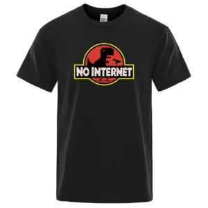 Man wearing funny black t-shirt with white cartoon 'No Internet' T-Rex dinosaur graphic print jumping over cacti.