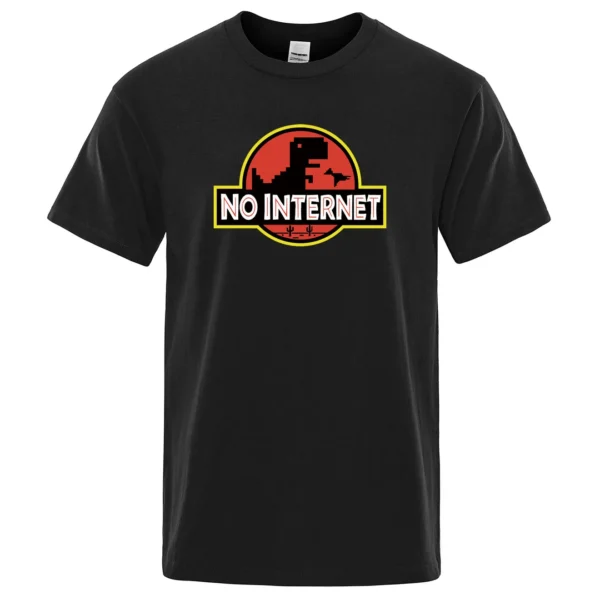 Man wearing funny black t-shirt with white cartoon 'No Internet' T-Rex dinosaur graphic print jumping over cacti.