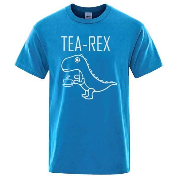 Funny Tea Rex t-shirt featuring a graphic of a T-Rex dinosaur drinking coffee. Unisex casual streetwear style tee.