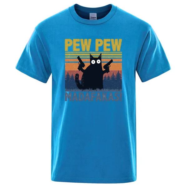 Man wearing black cotton t-shirt with funny graphic of a cat holding guns that reads 'Pew Pew Madafakas'.