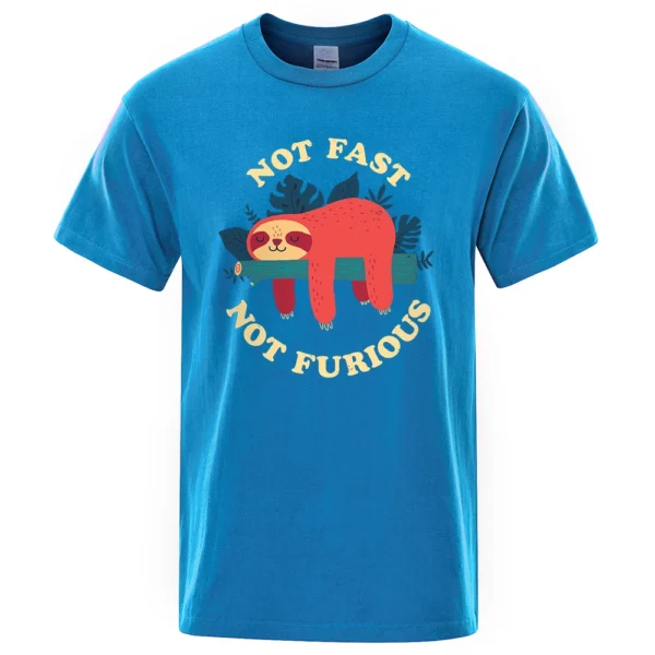 Model wearing funny 'Not Fast Not Furious' sloth graphic tee in breathable cotton. Unisex casual summer style.
