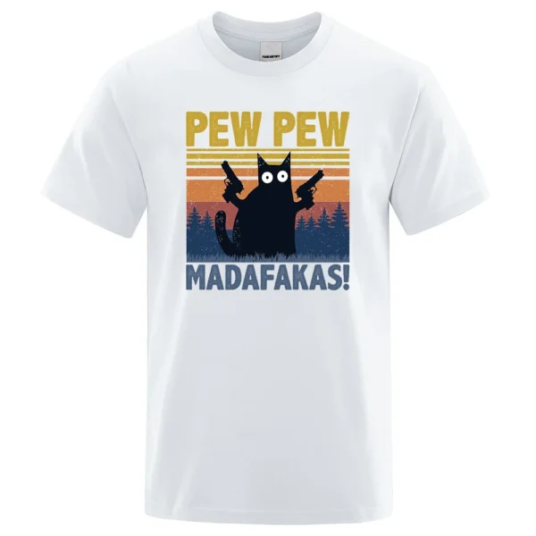 Man wearing black cotton t-shirt with funny graphic of a cat holding guns that reads 'Pew Pew Madafakas'.