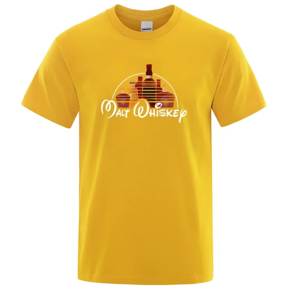 Funny Malt Whiskey graphic design printed on a men's casual short-sleeve t-shirt.