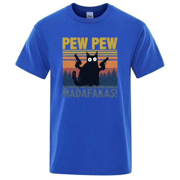 Man wearing black cotton t-shirt with funny graphic of a cat holding guns that reads 'Pew Pew Madafakas'.