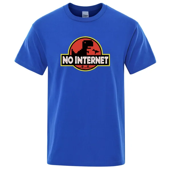 Man wearing funny black t-shirt with white cartoon 'No Internet' T-Rex dinosaur graphic print jumping over cacti.