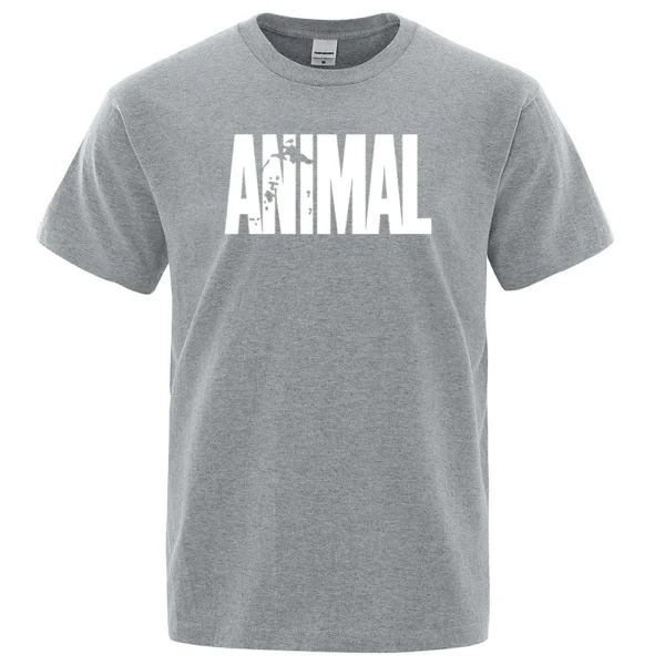 Men's oversized white cotton t-shirt featuring a funny animal letter print graphic and O-neck collar.
