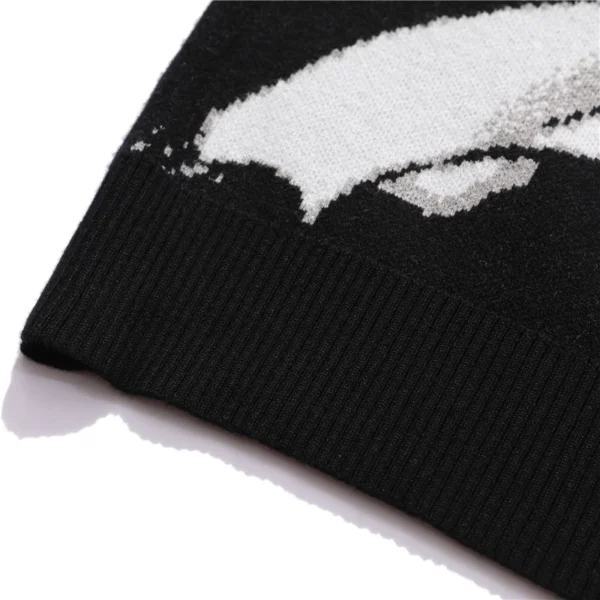 FGKKS Men's black knitted cotton sweater with Japanese streetwear style anime girl graphic on the front.
