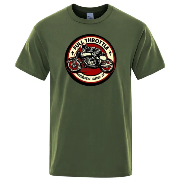 Men's black cotton t-shirt featuring a vintage Full Throttle Cafe Racer and Rockabilly inspired graphic print.