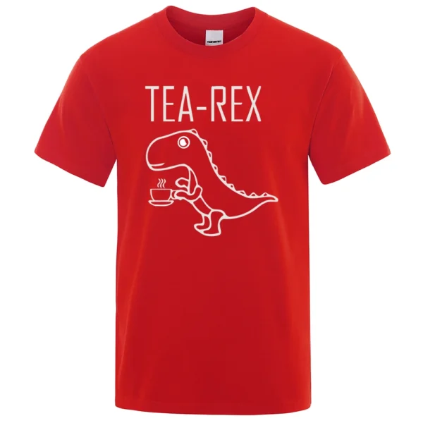 Funny Tea Rex t-shirt featuring a graphic of a T-Rex dinosaur drinking coffee. Unisex casual streetwear style tee.