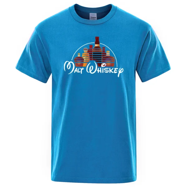 Funny Malt Whiskey graphic design printed on a men's casual short-sleeve t-shirt.