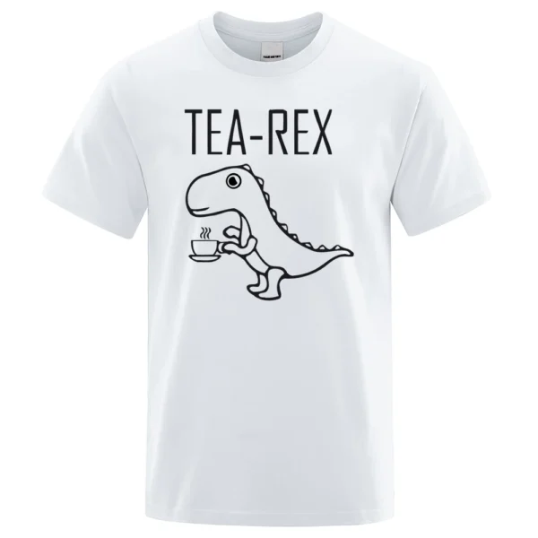 Funny Tea Rex t-shirt featuring a graphic of a T-Rex dinosaur drinking coffee. Unisex casual streetwear style tee.