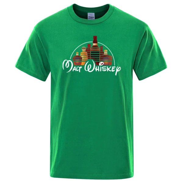 Funny Malt Whiskey graphic design printed on a men's casual short-sleeve t-shirt.