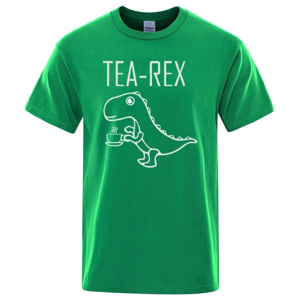 Funny Tea Rex t-shirt featuring a graphic of a T-Rex dinosaur drinking coffee. Unisex casual streetwear style tee.