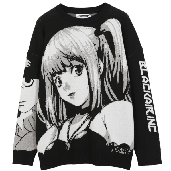 FGKKS Men's black knitted cotton sweater with Japanese streetwear style anime girl graphic on the front.