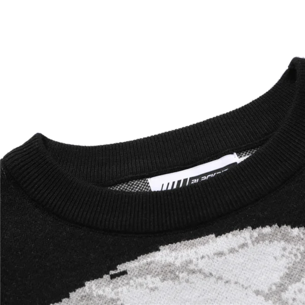 FGKKS Men's black knitted cotton sweater with Japanese streetwear style anime girl graphic on the front.