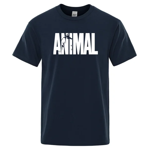 Men's oversized white cotton t-shirt featuring a funny animal letter print graphic and O-neck collar.