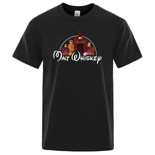 Funny Malt Whiskey graphic design printed on a men's casual short-sleeve t-shirt.