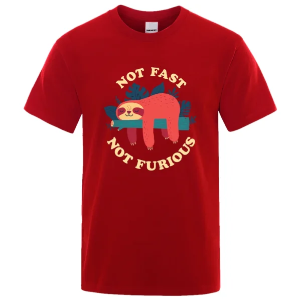 Model wearing funny 'Not Fast Not Furious' sloth graphic tee in breathable cotton. Unisex casual summer style.