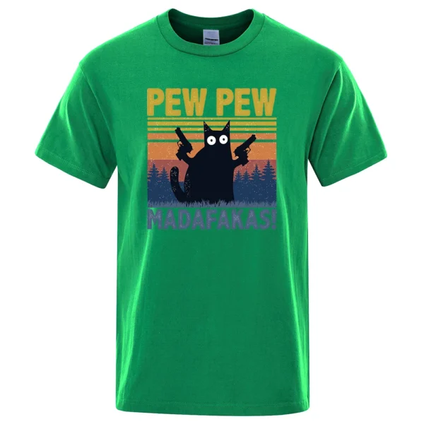 Man wearing black cotton t-shirt with funny graphic of a cat holding guns that reads 'Pew Pew Madafakas'.