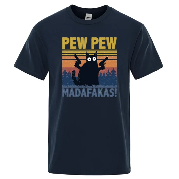 Man wearing black cotton t-shirt with funny graphic of a cat holding guns that reads 'Pew Pew Madafakas'.