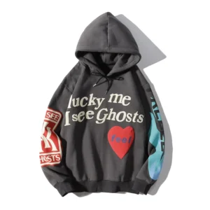 Oversized graffiti print fleece hoodie for men and women.