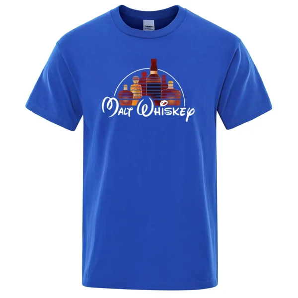 Funny Malt Whiskey graphic design printed on a men's casual short-sleeve t-shirt.